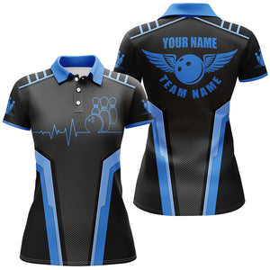 Personalized 3D bowling shirts for women, Custom black blue Short Sleeve Polo Bowling heartbeat Shirts NQS4598