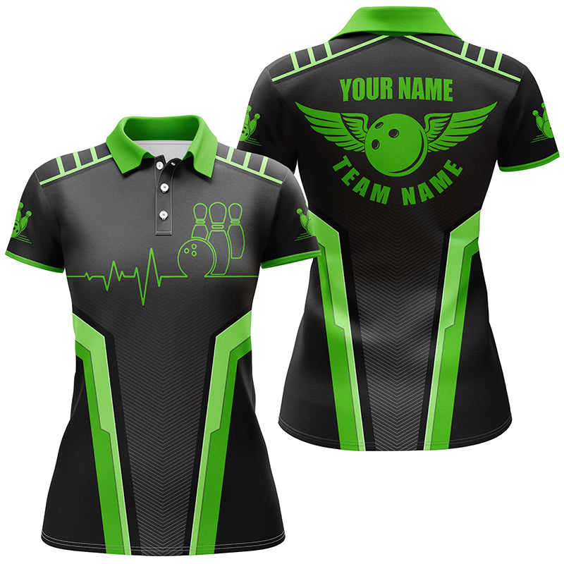 Personalized 3D bowling shirt for women, Custom black green Short Sleeve Polo Bowling heartbeat Shirts NQS4599