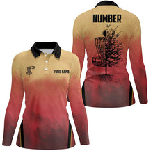 Load image into Gallery viewer, Womens Disc golf polo shirt custom Disc Golf Basket Tree Sunset disc golf jerseys, disc golf shirt NQS6683