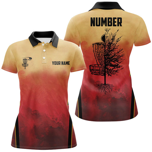 Womens Disc golf polo shirt custom Disc Golf Basket Tree Sunset disc golf jerseys, disc golf shirt NQS6683