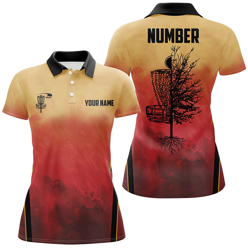 Womens Disc golf polo shirt custom Disc Golf Basket Tree Sunset disc golf jerseys, disc golf shirt NQS6683