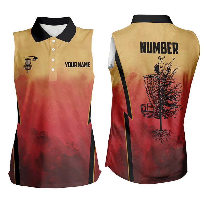 Womens sleeveless polo shirt custom Disc Golf Basket Tree Sunset disc golf jerseys, disc golf shirt NQS6683