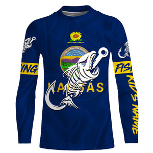 KS Fishing Custom Kansas Flag Fish hook skull Custom sun protection fishing shirts for men, women NQS3349