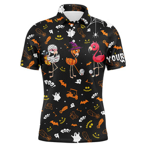 Funny Mens golf polo shirt orange black Halloween background custom name Flamingo golf friends NQS3974