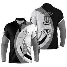 Load image into Gallery viewer, Black white Mens disc golf polo shirt custom name disc golf basket, personalized disc golf shirts NQS4604