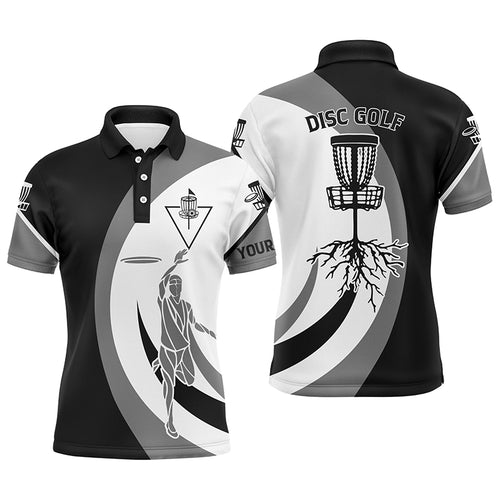Black white Mens disc golf polo shirt custom name disc golf basket, personalized disc golf shirts NQS4604