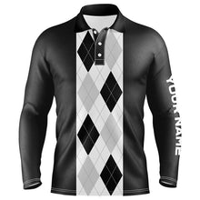 Load image into Gallery viewer, Black argyle plaid pattern Mens golf polo shirt custom golf polos shirt for men, golfing gifts NQS7192