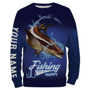 Fishing Makes Me Happy Cobia Fishing 3D All Over printed Customized Name Shirts For Adult And Kid NQS319