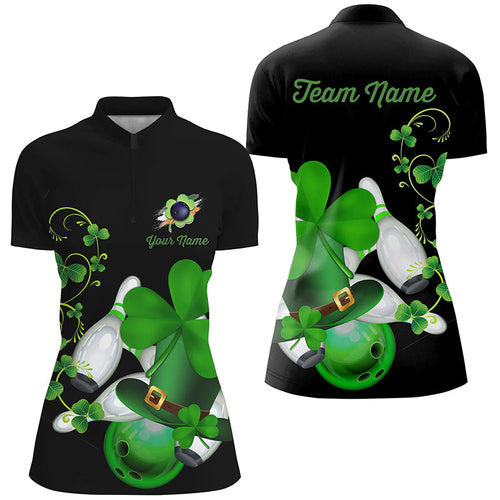 Green shamrock lucky Women bowling Quarter Zip shirt Custom St Patrick Day black team bowling jersey NQS7195