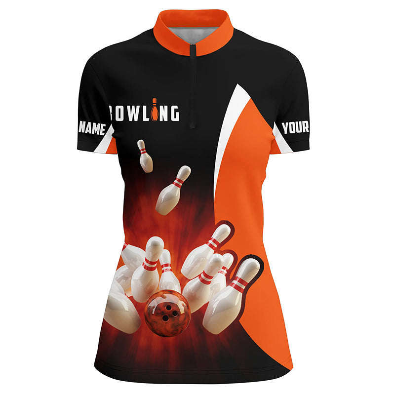 Custom bowling shirts retro black orange Bowling Quarter Zip shirts for women, Bowling team jersey NQS5054