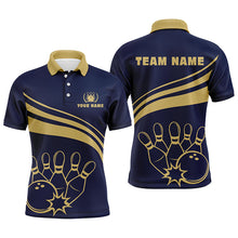 Load image into Gallery viewer, Personalized gold bowling polo shirts for men, custom men's bowling shirt team bowl jersey | Navy NQS6707
