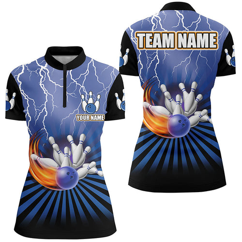 Women Quarter Zip Shirt Custom lightning storm vintage Bowling Team Jersey, gift for Bowlers | Blue NQS7080