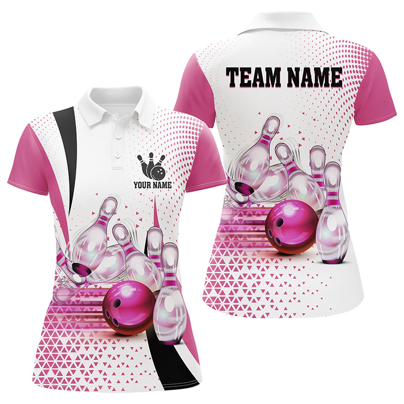 Women bowling polo shirt Custom bowling ball and pins bowling team shirts, gifts for bowlers | Pink NQS7211