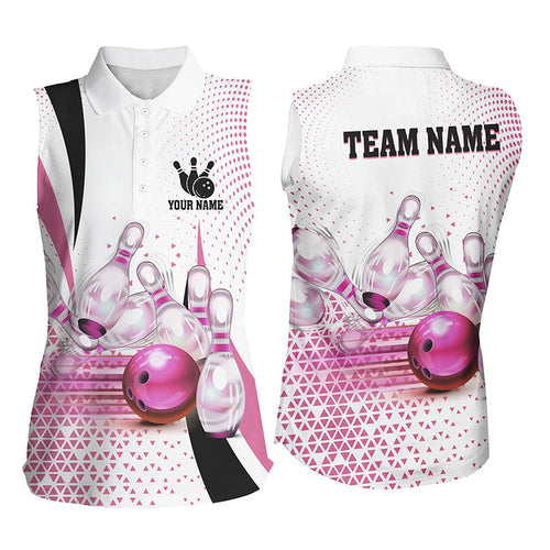Women sleeveless Polos shirt Custom bowling ball pins bowling team shirts, gifts for bowlers | Pink NQS7211