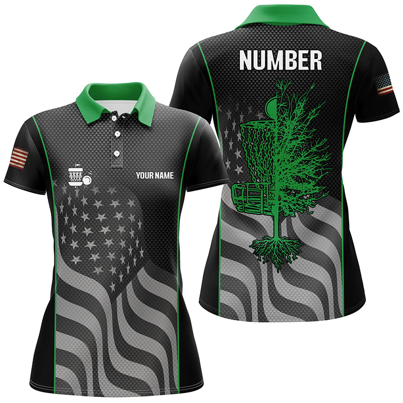 Green black American flag Womens disc golf polo shirt custom name, number patriotic disc golf jersey NQS6250