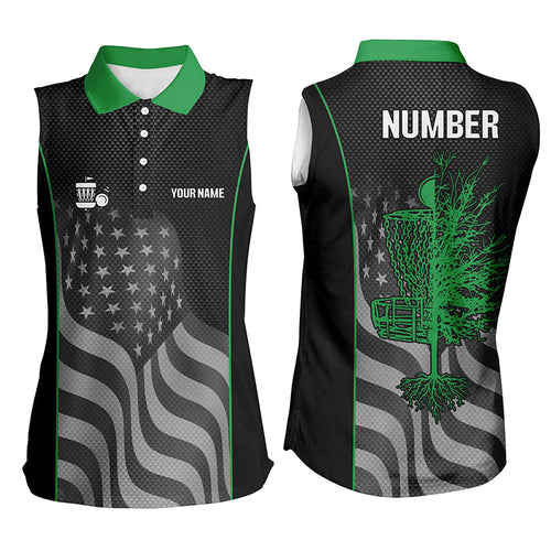 Green black American flag Women sleeveless polo shirt custom name, number patriotic disc golf jersey NQS6250