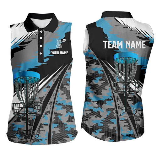 Women disc golf sleeveless polo shirts custom blue camo disc golf basket team disco golf outfit NQS6256