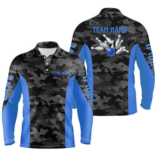 Mens Bowling polo shirts Custom gray camo Bowling Team Jersey, Bowling Team League Shirt | Blue NQS7095