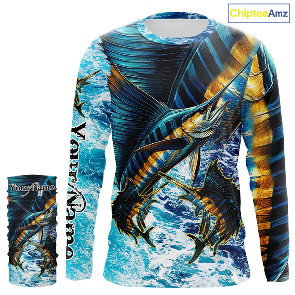 Sailfish fishing scales blue sea water camo Custom UV protection performance long sleeve fishing shirt NQS7097