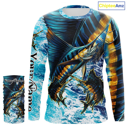 Sailfish fishing scales blue sea water camo Custom UV protection performance long sleeve fishing shirt NQS7097