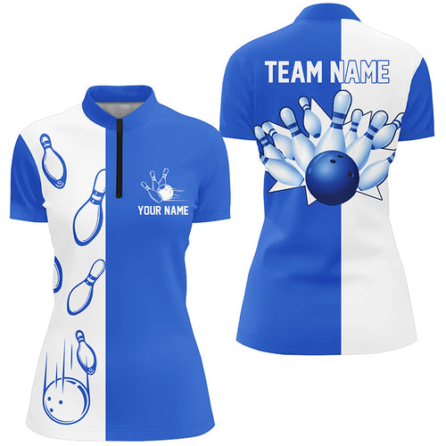 Blue and white retro vintage Bowling Quarter Zip shirts for women custom Bowling team jerseys NQS6481