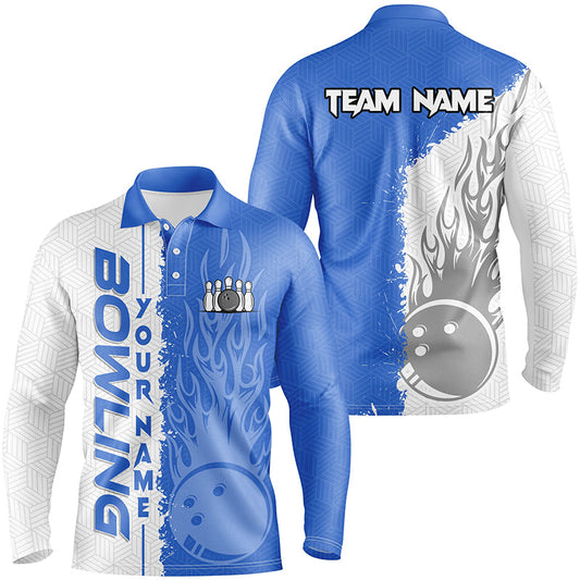 Mens Bowling polo shirts Custom white and blue flame Bowling ball and pins bowling Team league Jerseys NQS7103