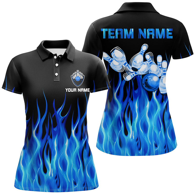 Blue flame Womens bowling polo shirt black Bowling Jerseys Personalized Bowling Team Shirts NQS6982