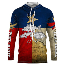 Load image into Gallery viewer, Vintage Texas flag Inshore Grand slam Redfish, trout, flounder Custom name Long Sleeve Fishing Shirts NQS4063