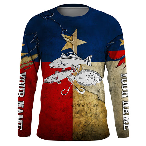 Vintage Texas flag Inshore Grand slam Redfish, trout, flounder Custom name Long Sleeve Fishing Shirts NQS4063