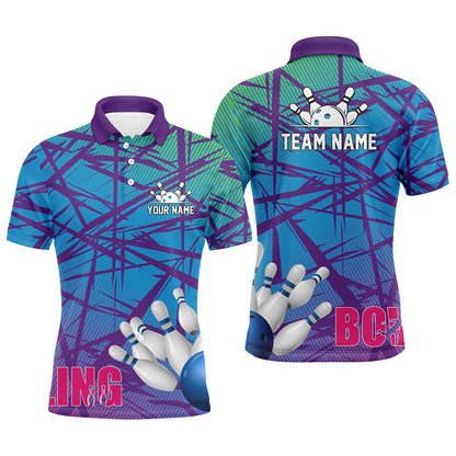 Personalized Men polo Bowling Shirt blue purple camo Bowling Jerseys, Personalized Bowling Team Shirts NQS6996