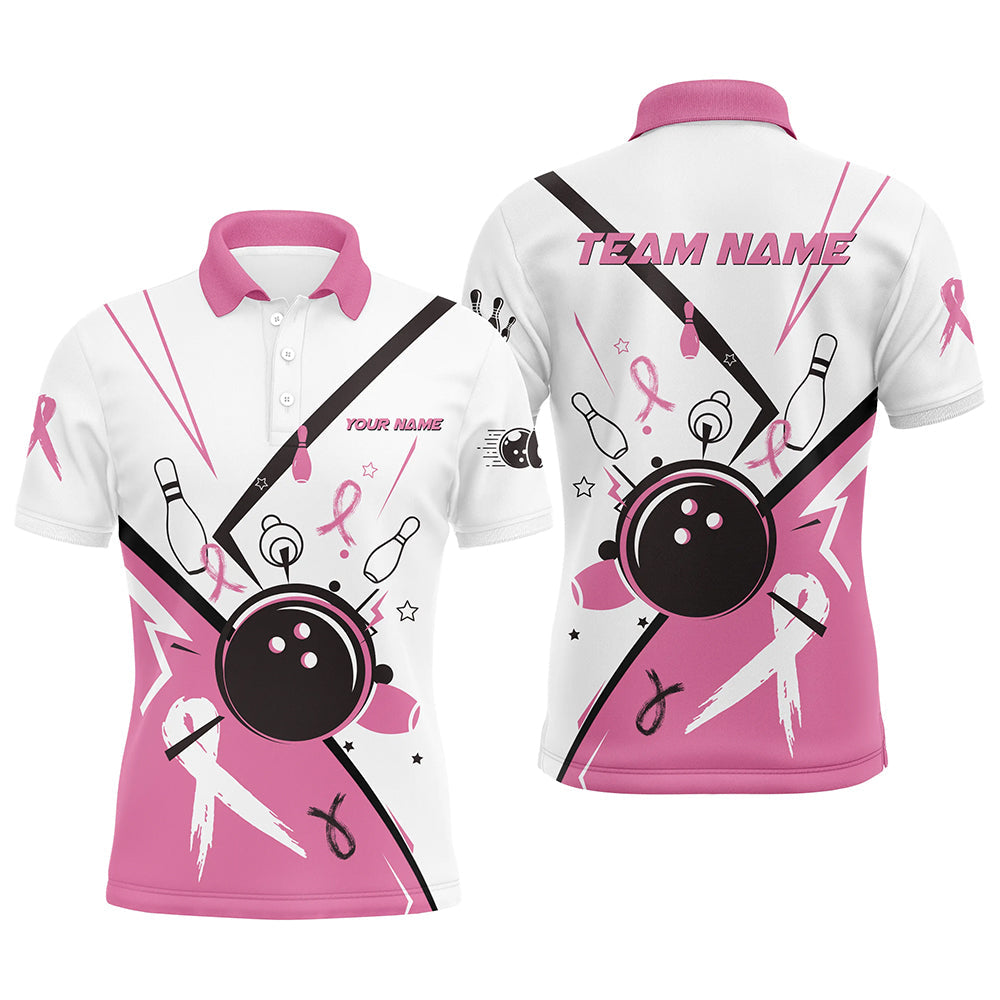 Pink ribbon breast cancer awareness bowling jerseys Custom Team Bowling Polo Shirt for men | White NQS7245