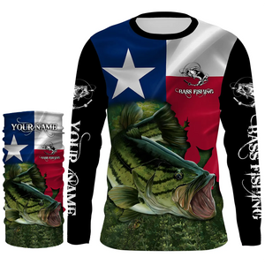 Texas Bass fishing Texas flag, TX fishing Customize Name UV Long Sleeve Fishing Shirts UPF 30+ NQS2181