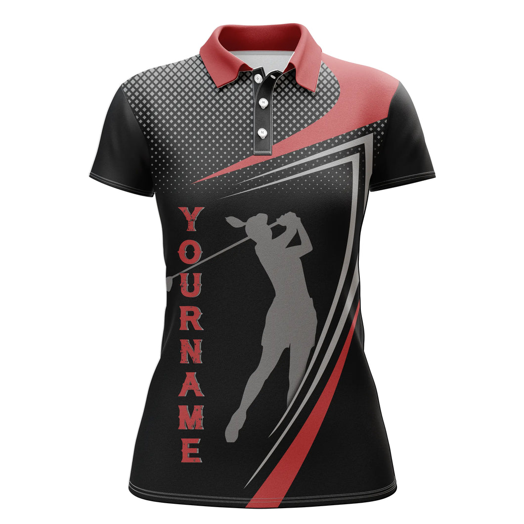 Personalized red and black sports golf custom polo shirt, Golfer silhouette best golf shirt for women NQS4650