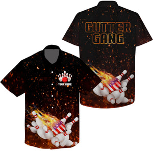 Personalized flame American flag Bowling Hawaiian Shirt Custom Gutter gang team bowling shirts NQS4665