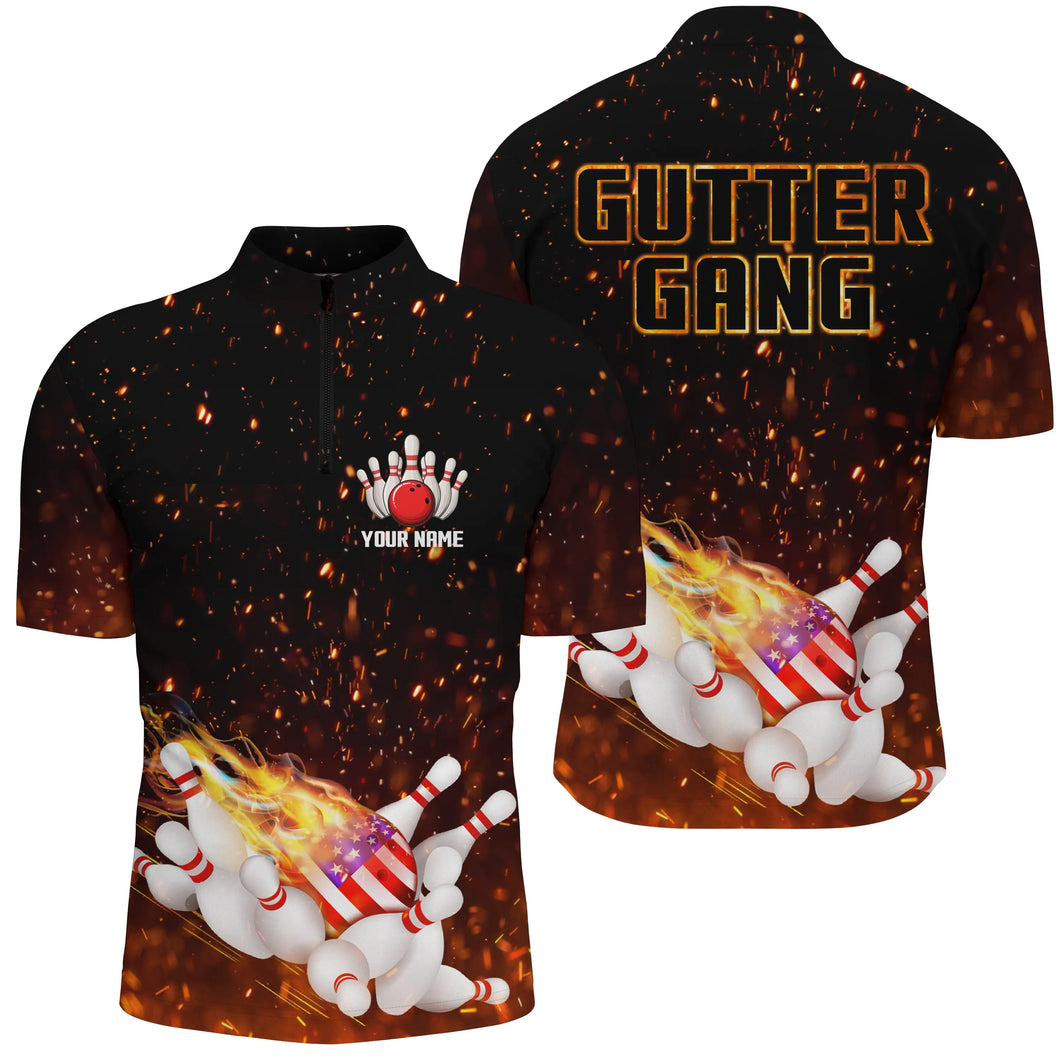 Personalized flame American flag Bowling Quarter Zip shirt for men  Custom Gutter gang bowling shirts NQS4665