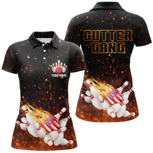 Personalized flame American flag bowling shirts for women Custom name Gutter gang bowling polo shirt NQS4665