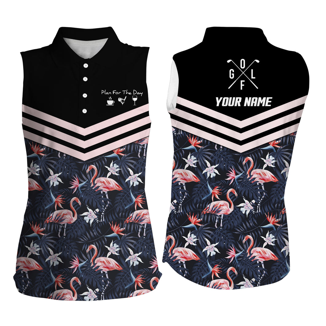 Plan for the day coffee golf wine custom Womens sleeveless polo shirts tropical leaf flamingo pattern NQS4111