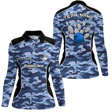 Load image into Gallery viewer, Women bowling polo shirts Custom bowling ball and pins blue camo Bowling Team Jersey for women NQS6361
