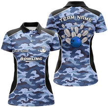 Load image into Gallery viewer, Women bowling polo shirts Custom bowling ball and pins blue camo Bowling Team Jersey for women NQS6361