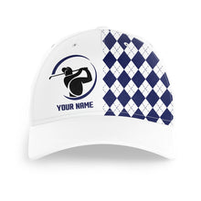 Load image into Gallery viewer, Blue argyle plaid pattern custom white golfer hat, personalized sun hat for mens golf gifts NQS6842