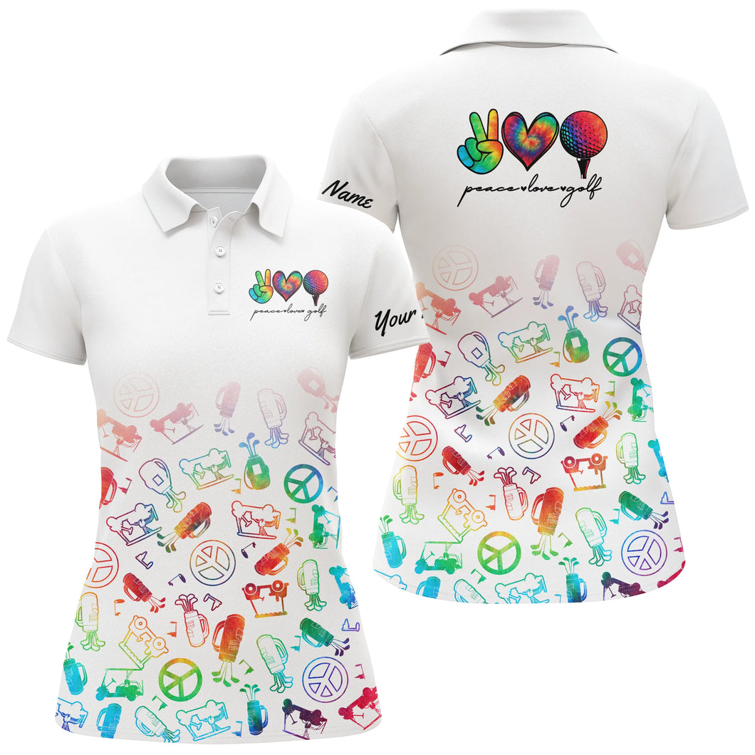 Womens golf polo shirts custom name watercolor peace love golf, personalized golf shirt for women NQS4670