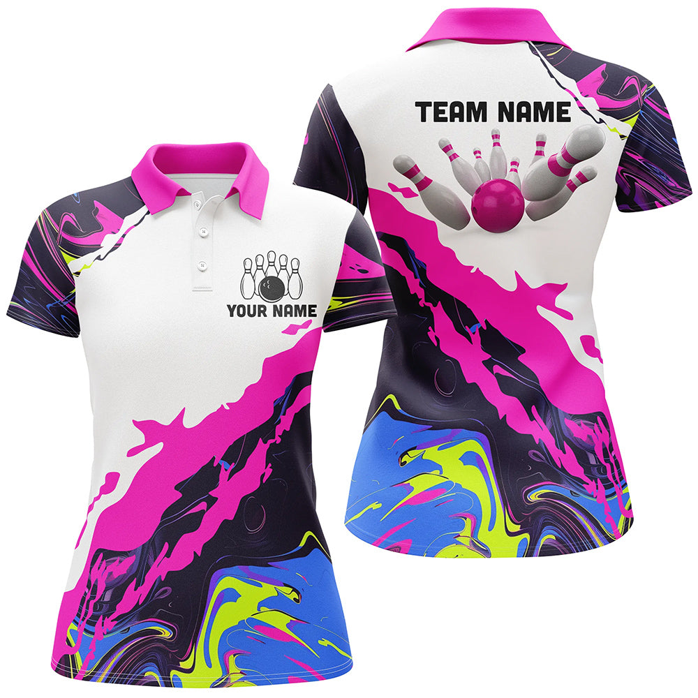 Women bowling polo shirts Custom Bowling ball and pins Team league Jerseys, gifts for bowlers | Pink NQS7283