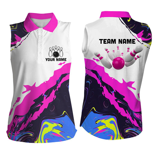 Women sleeveless polo shirt Custom Bowling ball and pins Team league Jerseys, gifts for bowlers | Pink NQS7283