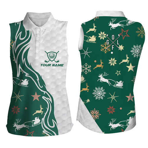 Green Christmas pattern golf ball Womens sleeveless polo shirts custom christmas golf shirts lady NQS6854