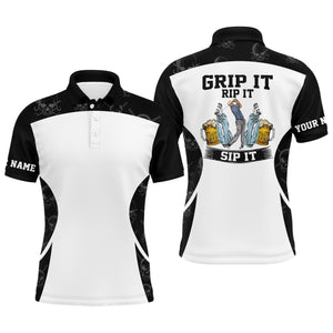Funny Men golf polo upf shirts Grip it rip it sip it custom name golf skull pattern, black white polo NQS4127