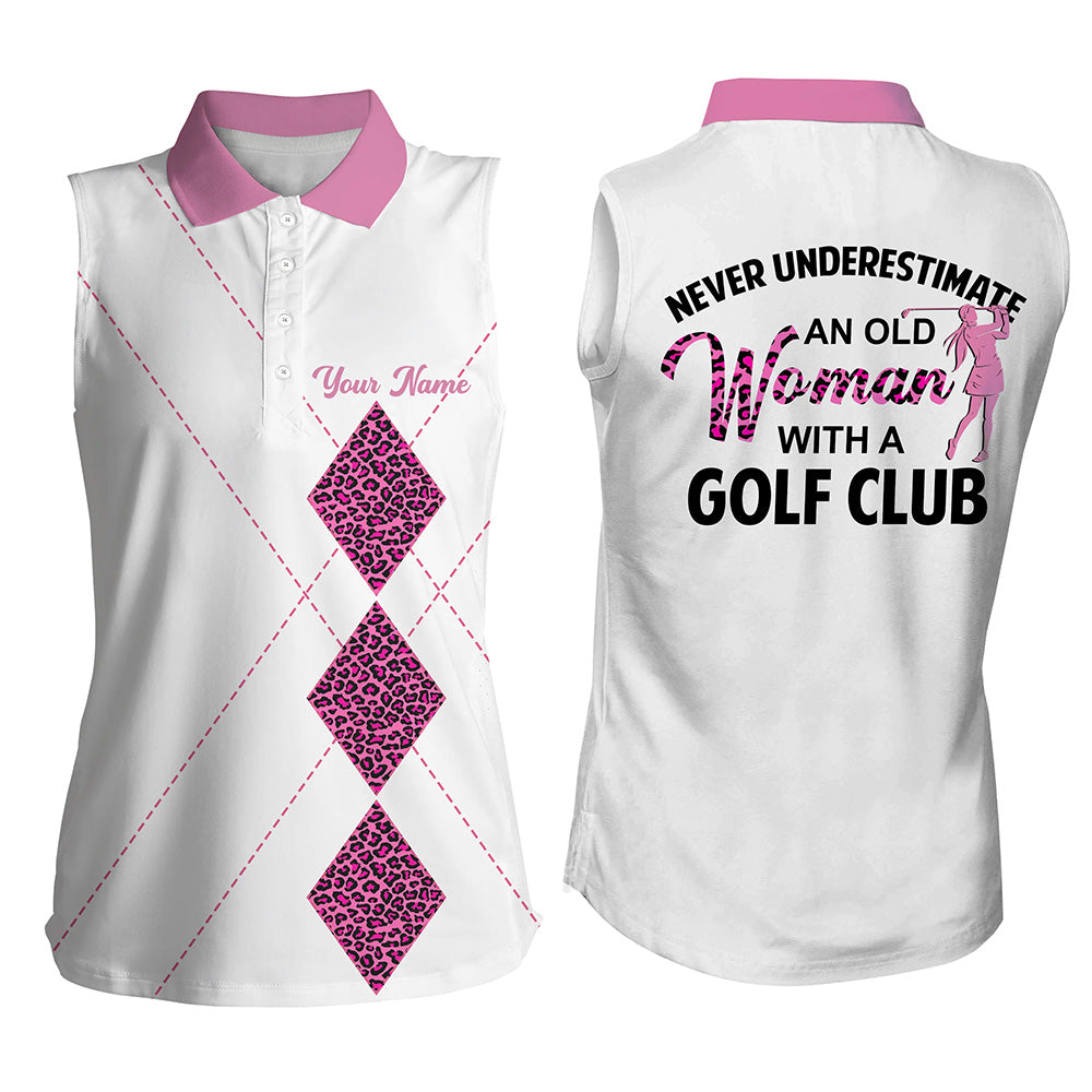 White Pink leopard Womens sleeveless polo shirt custom never underestimate old women with a golf club NQS5241
