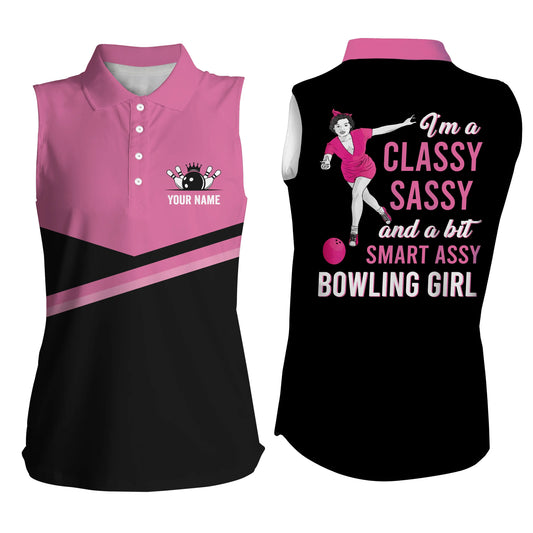 Custom pink sleeveless bowling shirt for bowling – personalized team jersey front view