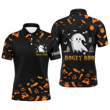 Load image into Gallery viewer, Funny black orange Halloween background mens golf polo shirts custom Bogey Boo mens golf tops NQS6393