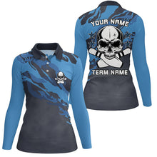Load image into Gallery viewer, Personalized blue camo Skull Bowling polo Shirt for women Custom Team's Name Bowler Jersey NQS6411