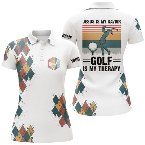 Womens golf polo shirt Jesus is my savior golf is my therapy custom name vintage ladies golf tops NQS4967